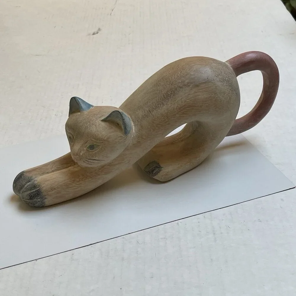 Hand Carved Wooden Stretching Cat Kitten Kitty Home Decor Multicolor Animal